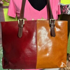 Stylish Colorblock Red/Orange/Blue/Cognac Italian Leather Tote